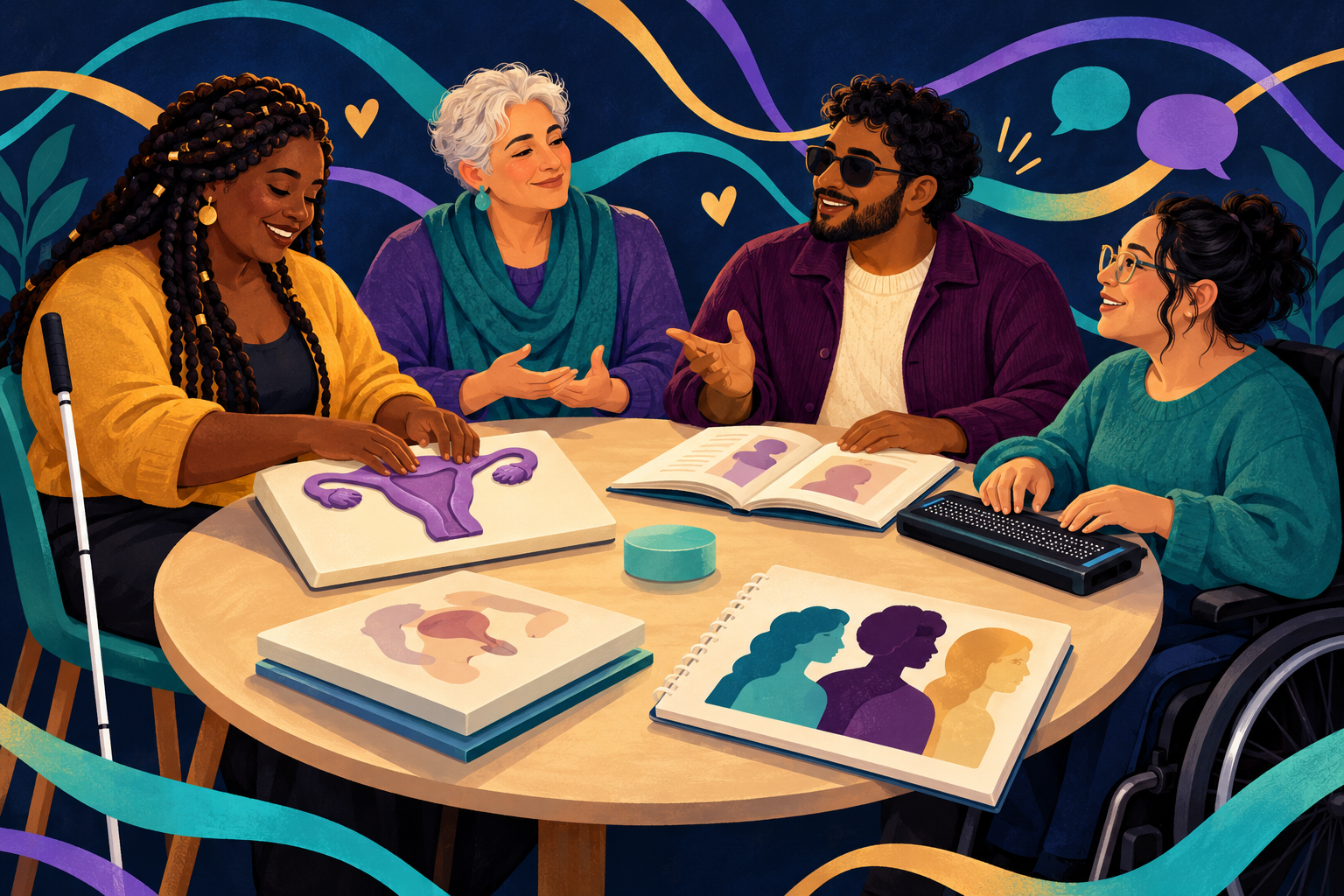 Four diverse adults discuss accessible sexuality education around a table with a raised uterus model, an open guidebook, and a Braille device. A white cane and wheelchair are visible.