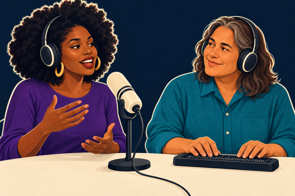 Illustration of two blind adults recording a conversation. A Black woman with an Afro speaks beside a microphone while a tan, longer-haired person reads a Braille display. Both wear headphones.