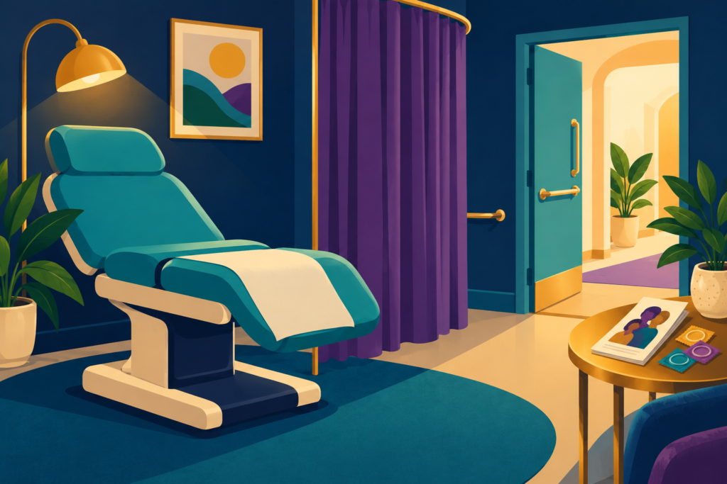 An illustrated clinic room has a teal examination chair, a purple privacy curtain, warm lighting, and a table holding educational materials and condom packets.