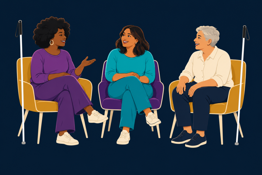 Three adults sit in a conversation circle, with two long white canes resting beside their chairs.