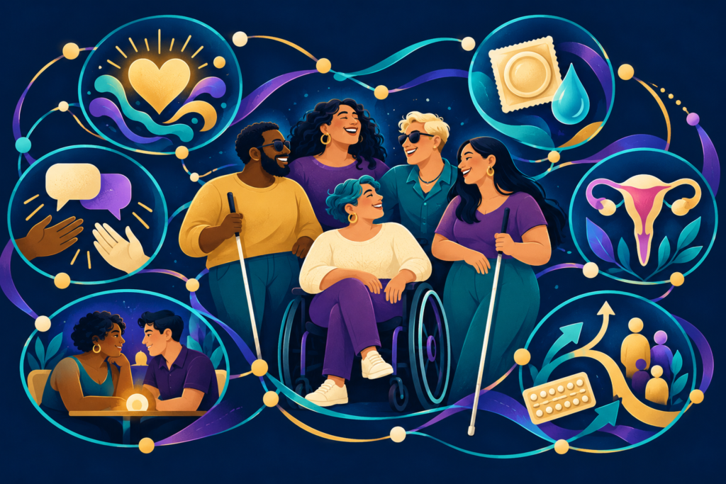 Five diverse adults, including white cane and wheelchair users, gather within a colorful web linking pleasure, consent, dating, sexual health, reproductive health, and family planning.