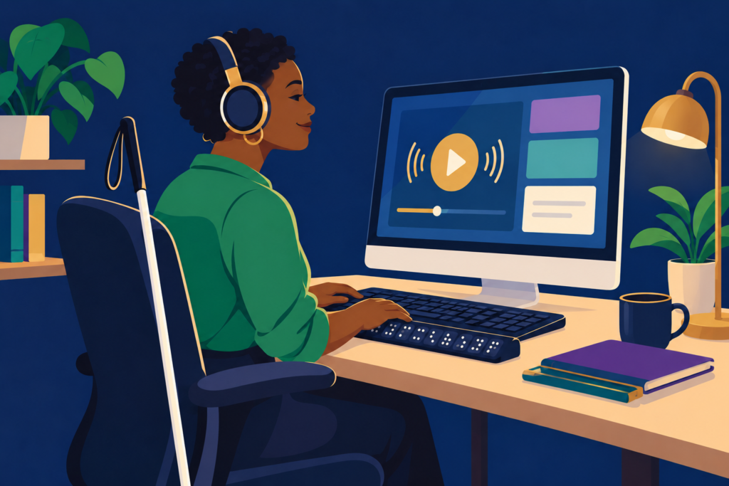 An adult wearing headphones uses a computer, keyboard, and braille display. A long white cane rests beside the chair.