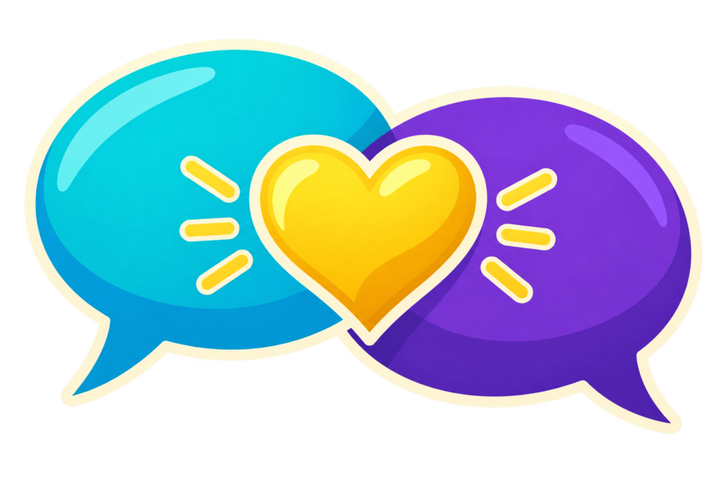 Turquoise and purple speech bubbles surround a golden heart, symbolizing conversation and connection.