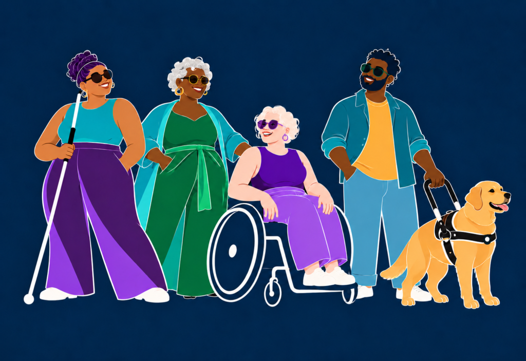 Four smiling adults wear ocean blues, greens, purple, and gold. The group includes an adult with albinism using a wheelchair, one long white-cane user, and a guide-dog handler holding the dog's harness.