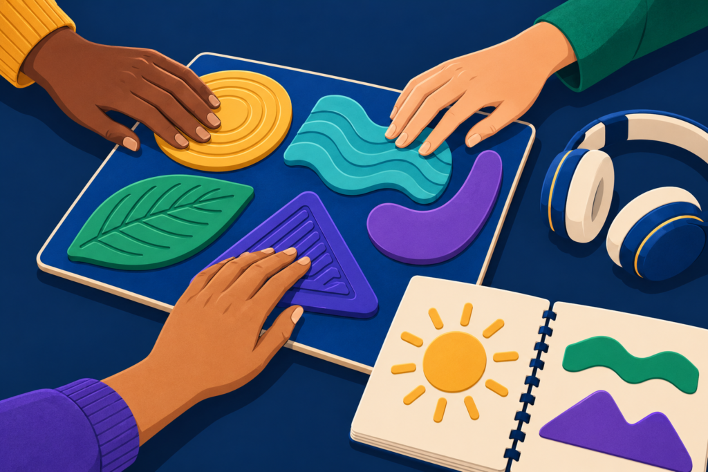 Three hands with different skin tones explore colorful raised shapes on a teaching board beside headphones and an open tactile booklet. The shapes are conceptual, not anatomical.