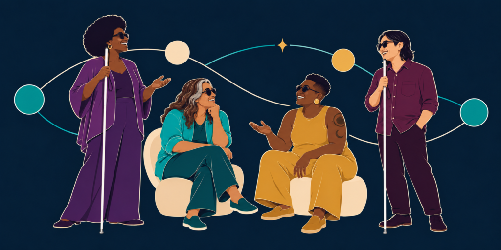 Four blind adults talk together, connected by open cream and turquoise curves on navy. Two stand with long white canes; two sit comfortably.