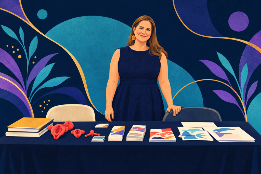 Illustration of Laura standing behind an outreach table with red tactile anatomy models, books, and information sheets.
