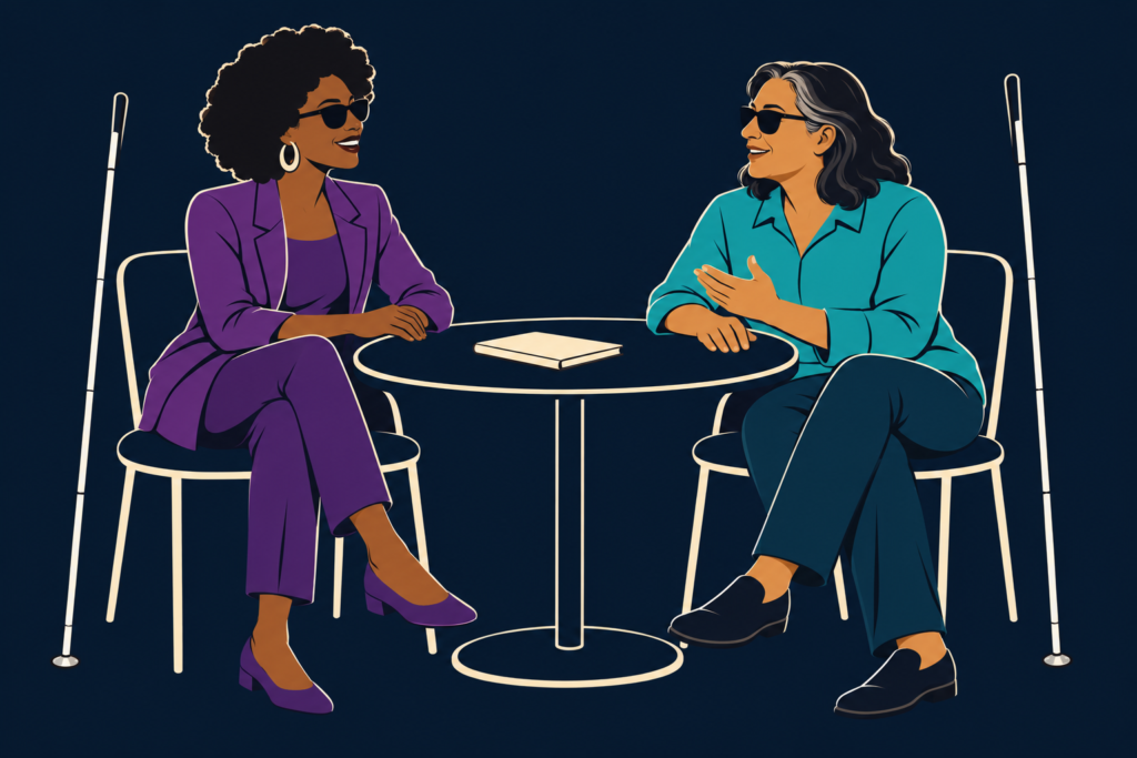 Two adults in purple and turquoise talk across a small table. Long white canes rest beside their chairs.