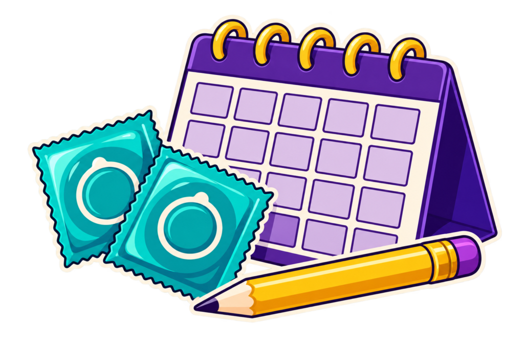A purple calendar, gold pencil, and two turquoise condom packets symbolize family planning.