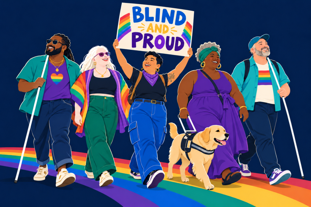 Illustration of five adults marching beneath a Blind and Proud sign. Two use long white canes; another handles a golden guide dog. The group includes a person with albinism.