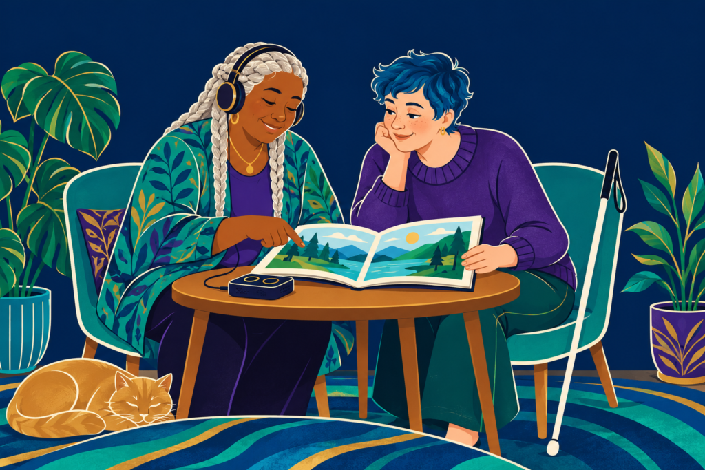 Two adults share an illustrated book and audio player at a table. One wears headphones; a long white cane rests beside a chair, and a cat sleeps nearby.