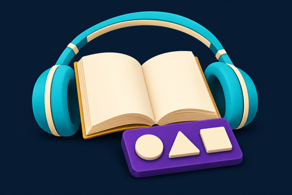 An open cream book, turquoise headphones, and a purple tactile tile with raised circle, triangle, and square shapes on navy.