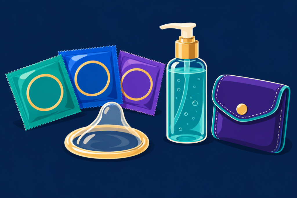Illustration of three wrapped condoms, a condom outside its packet, lubricant in a pump bottle, and a purple storage pouch.