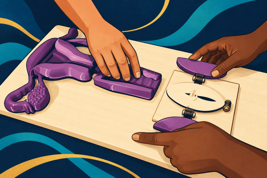 Illustration of hands with different skin tones exploring raised purple anatomy models on a cream teaching board.