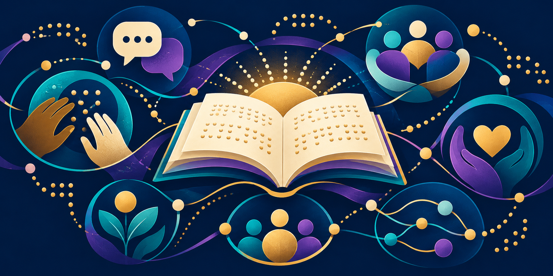 A high-contrast illustration shows an open Braille book connected by colorful pathways to symbols for conversation, community, growth, care, and support.